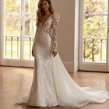 Luxe afneembare 2-in-1 trouwjurk kant met borduurkralen zeemeermin baljurk O-hals volledige mouw vestido de novia aanpassen