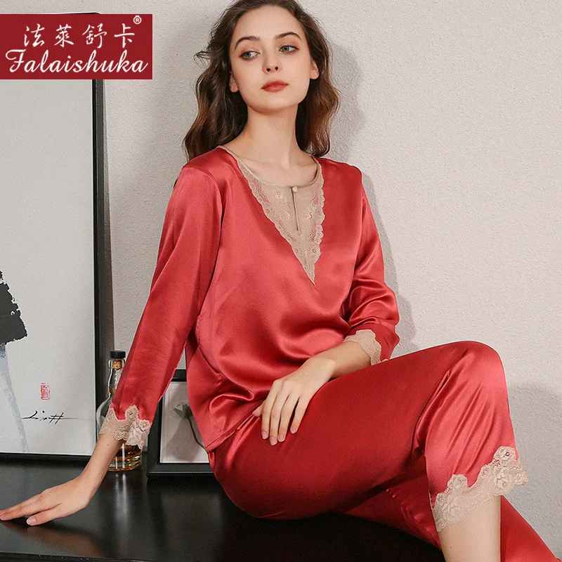 19 momme 100% silk pajamas sets women sexy lace Neck long sleeve sleepwear noble pure color elegance silk pyjamas women T8258