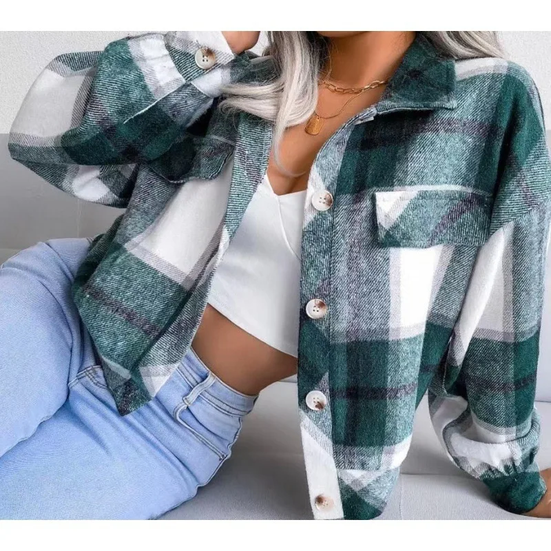 Autumn Plaid Jacket Women Loose Checkered Jacket Female 2024 Winter Fashion Short Coats Thick Warm Shirt Jackets High Street