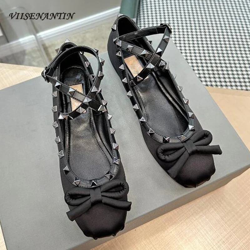 

Shallow Mouth Women Flat Ballet Shoes Rivets Studded Bowtie Decor Fashion Comfortable Mules Buckle Strap Real Leather Brand Shoe