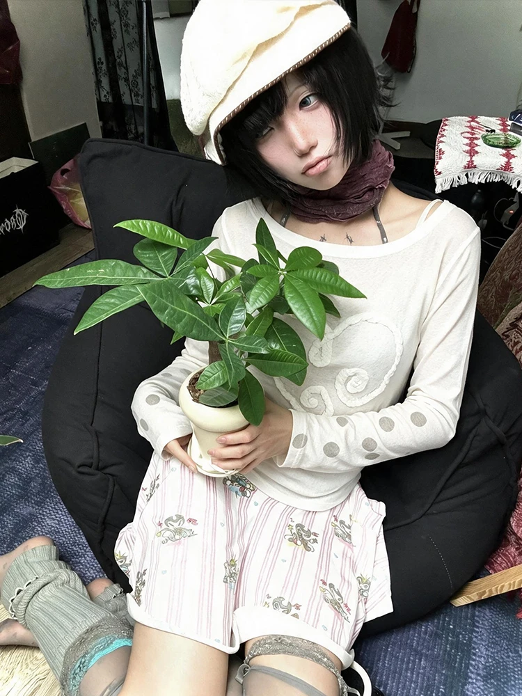 Genayooa Y2k Japanisches T-Shirt für Damen, Langarm-Punkt-T-Shirt, Streetwear, koreanischer Stil, Vintage-Tops, Fairycore, 2000er Jahre, T-Shirts, E-Girl – Detail 8