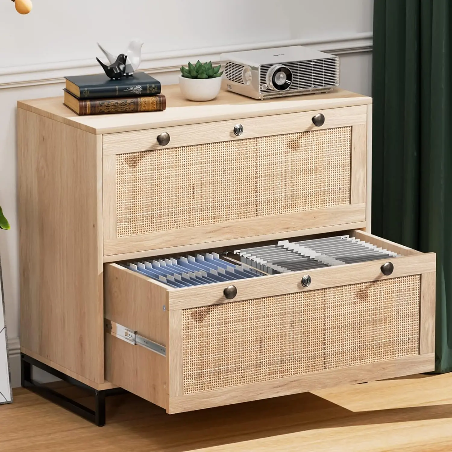 VINGLI Wood Rattan 2-Drawer Lateral File Cabinet with Lock for Home Office, Lockable Filing Cabinet