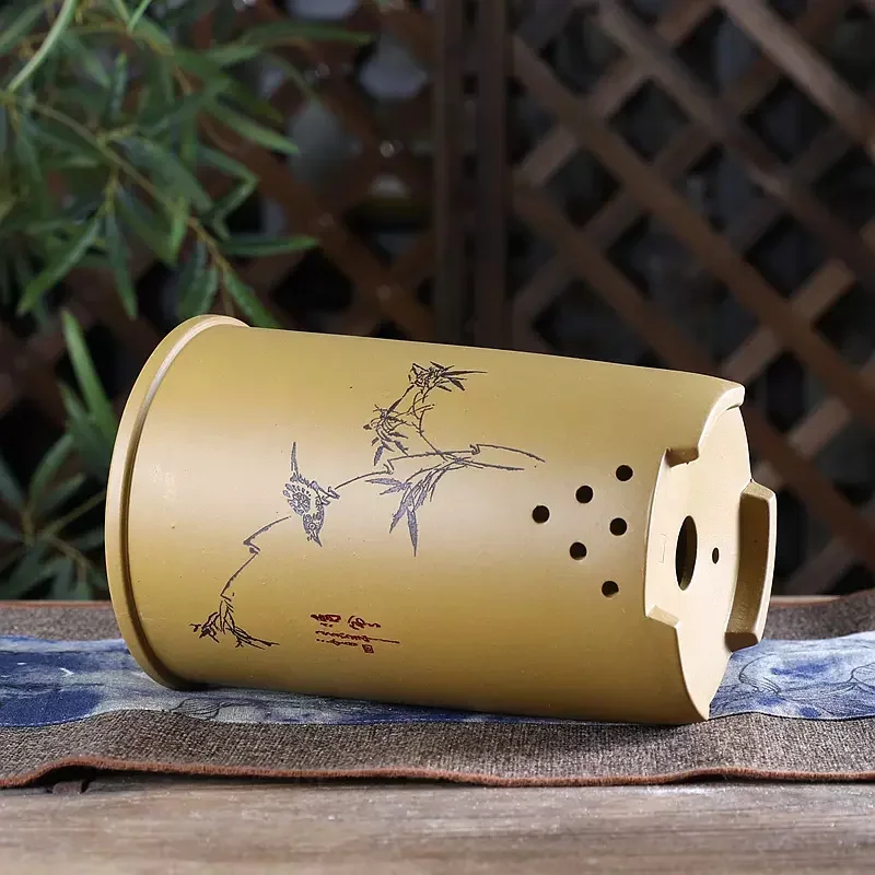 yesCeramic Handmade Carved Cylindrical Bonsai Pot,Sparrow Bird Pattern,Pottery Vase, Chinese Traditional Garden Decoration