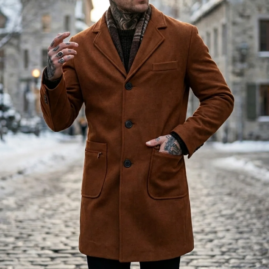 New Men's Winter Coat - Multi-function Pocket Windproof Solid Jacket | Warm-lined Woolen Outerwear for Street Office Male Jacket