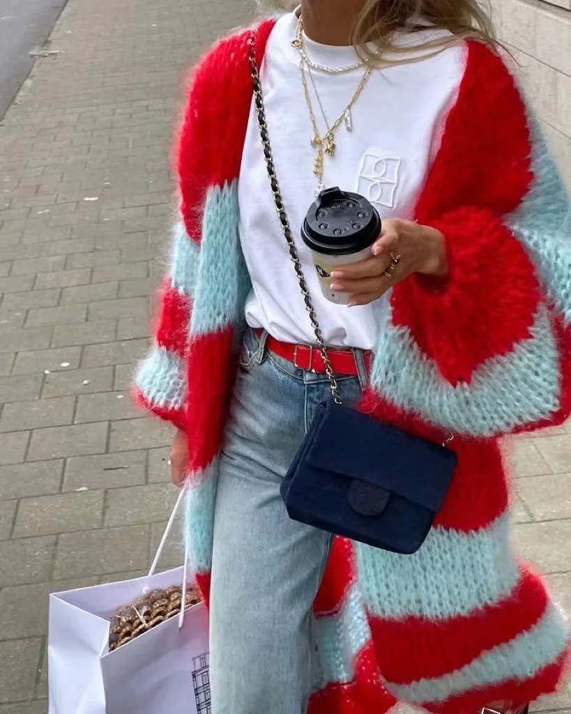 

Cardigan Long à rayures pour femme, pull lanterne à manches longues, ample, surdimensionné, manteau tricoté, Chic, Streetwear, p