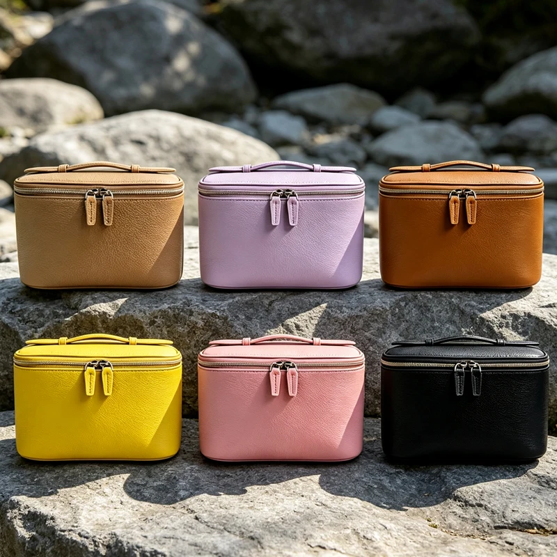 Women's Genuine Leather Cosmetic Bag Lychee pattern Large Capacity Portable Travel Makeup Organizer Case Handbag Makeup Bag