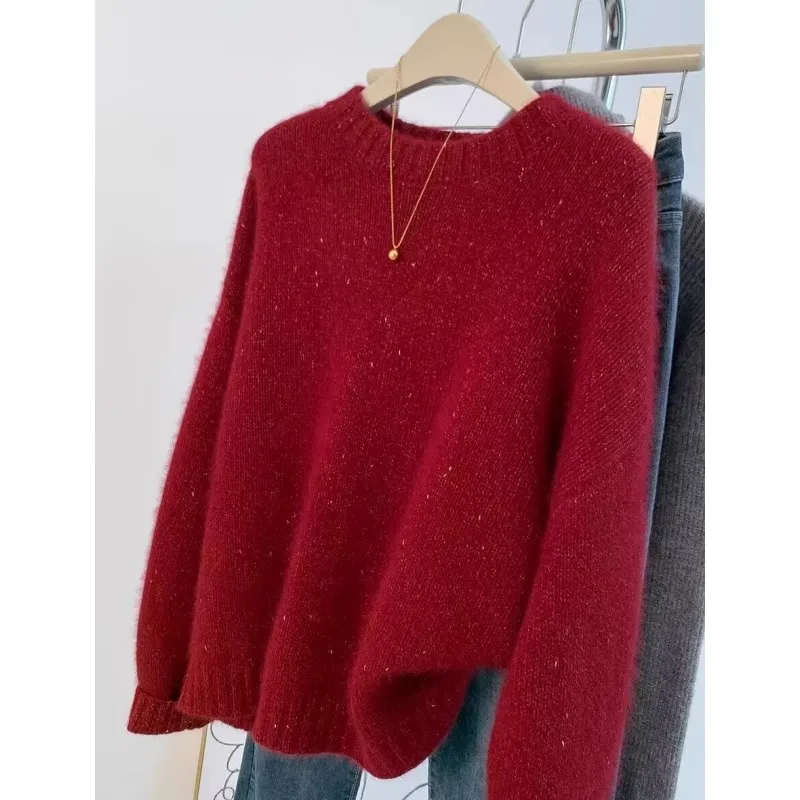 New Year's red sequined stylish round-neck wool knitted sweater women loose and thick sweater top autumn and winter