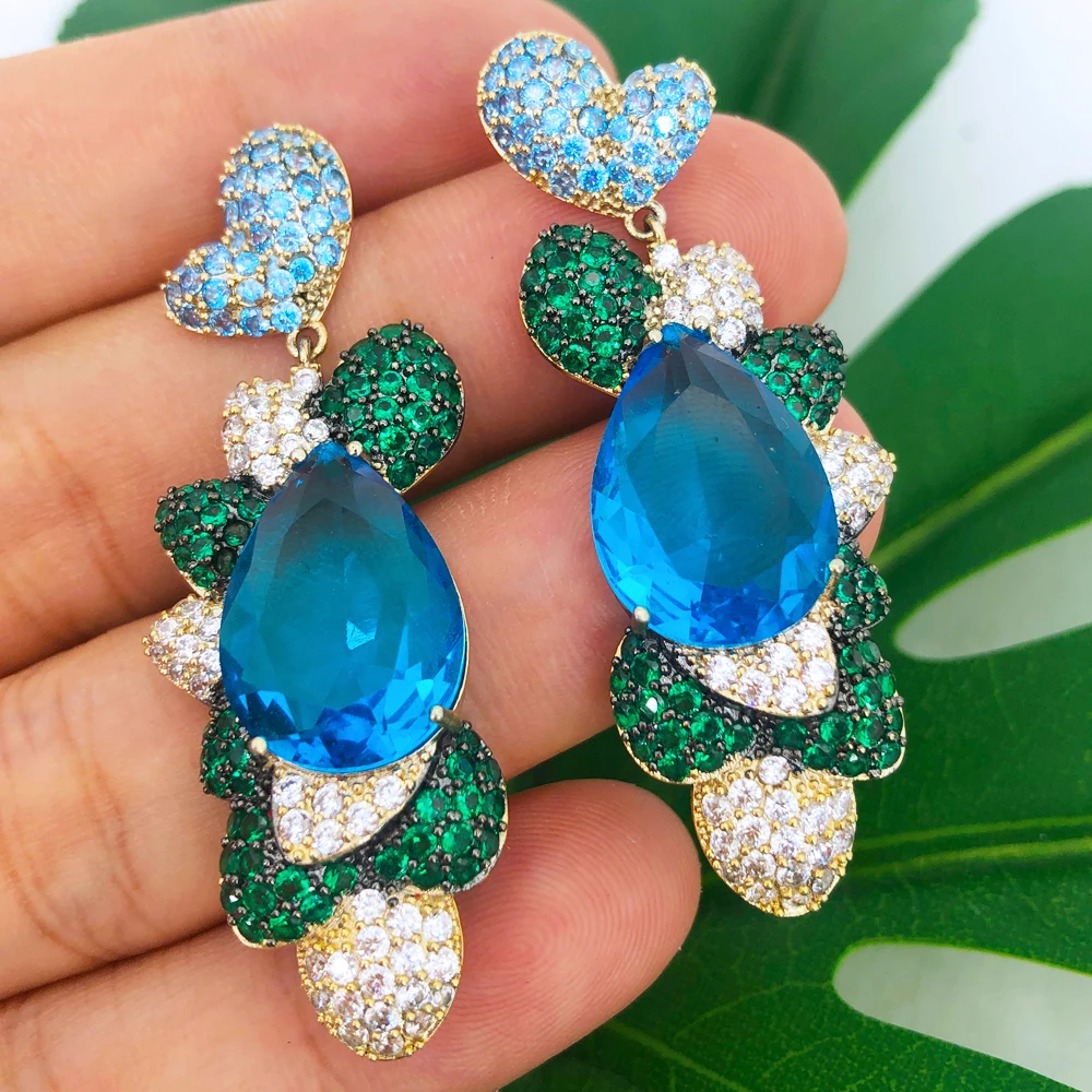 

Missvikki Romantic Wedding Indian Bohemia Earrings Big Blue Earring for Women Full Micro CZ Cubic Zircon Famous Luxury Charm