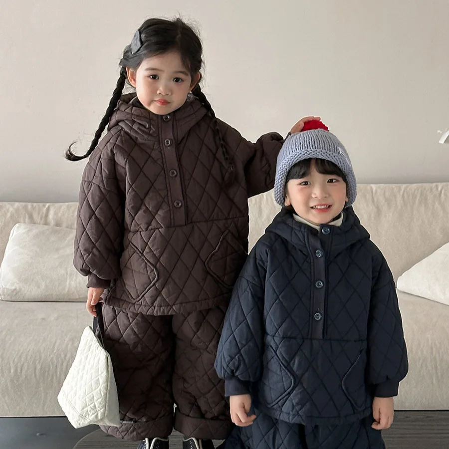

2025 Winter Kids Quilted Hooded Tracksuit Set with Wide Leg Pants Boys Girls Thermal Cotton Warm Outfit Toddler Casual Two Piece