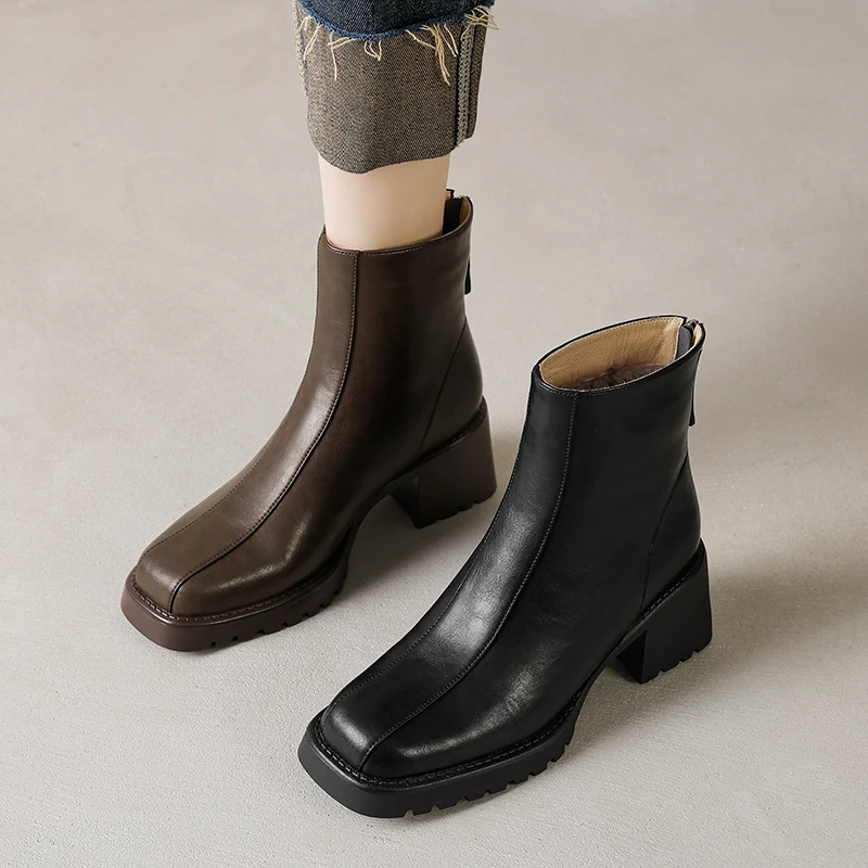 2026 new autumn winter women ankle boots natural leather plus size 22-25cm split leather+wool back zip thick heel short boots