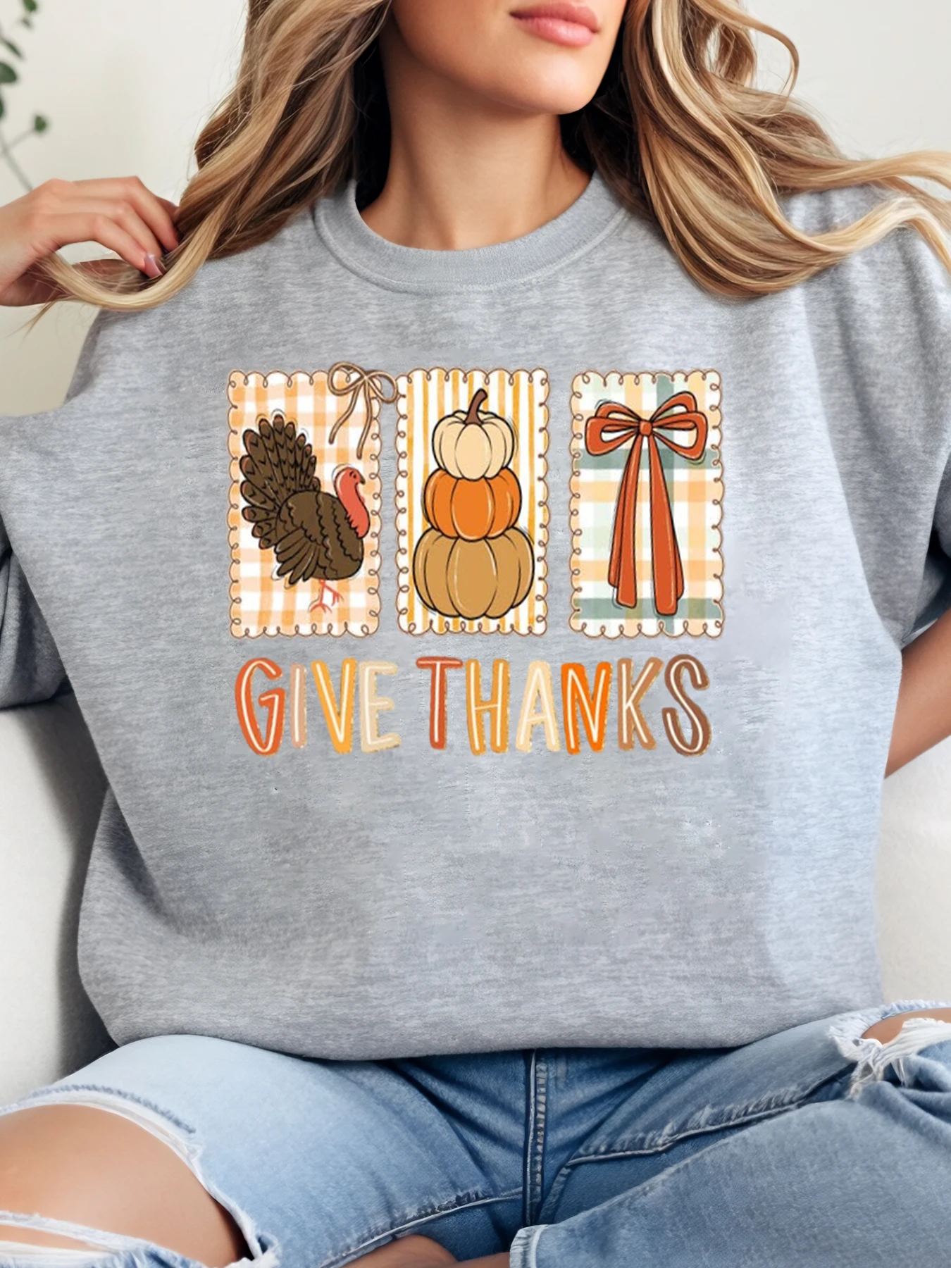 تركيا اليقطين القوس تعطي الشكر طباعة Crewneck البلوز المرأة عارضة الخريف عطلة ارتداء رمادي زائد الحجم #1