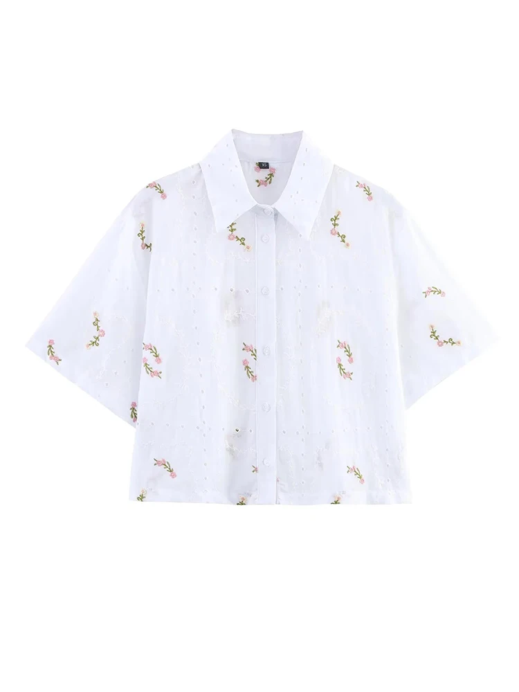 

Women Floral Embroidery White Shirts Summer Hollow Out Single Breasted Crop Tops Blouses