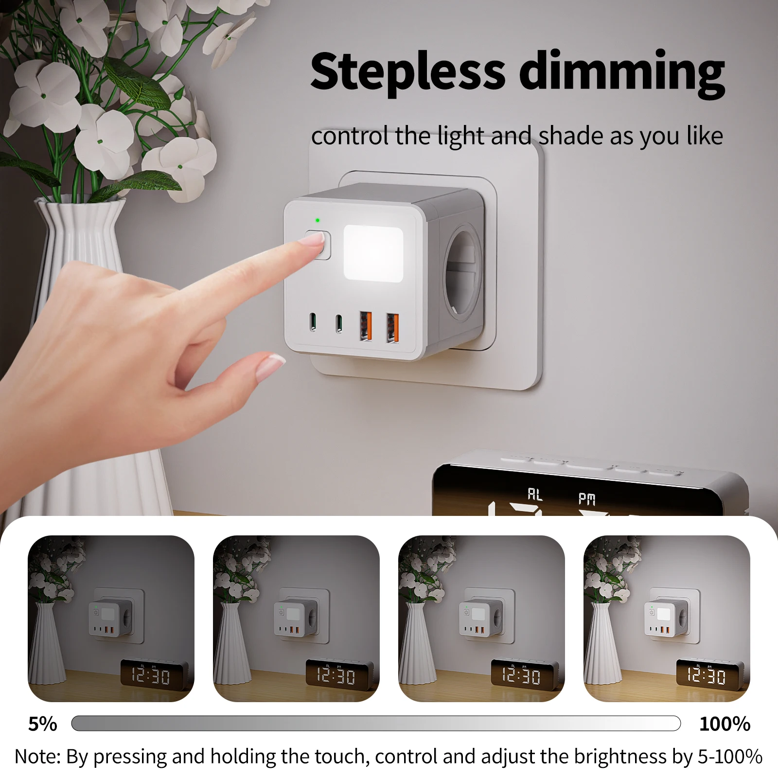 EU-stekkeradapter - wandmontage, dubbele stopcontacten, draagbaar - 2 USB- en 2 type-C-aansluitingen - met nachtlichtfunctie, geschikt