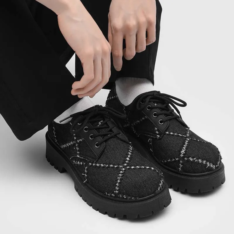 Men's British Style Derby Models Increase in Height Thick Soles Big Heads Commuting Denim Destruction Wind Tooling Casual Shoes