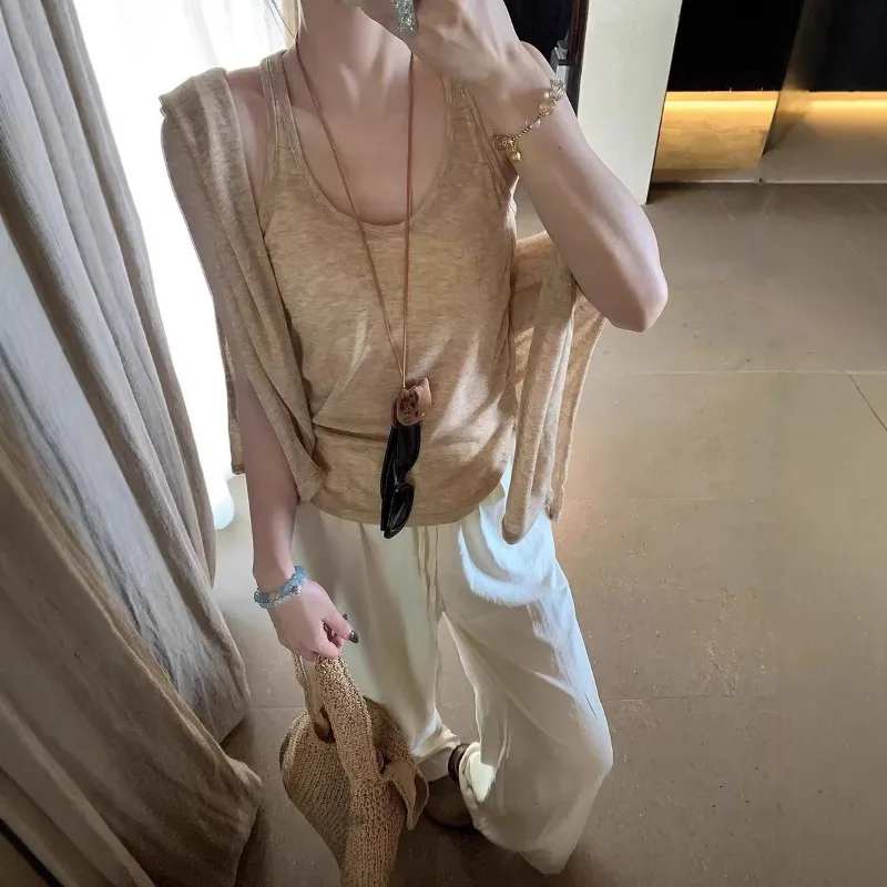 Women Lazy Two Piece Set Spring Summer Thin Sheer Long Sleeve Sun Protection Top Sling Camisole Casual Loose Outfit