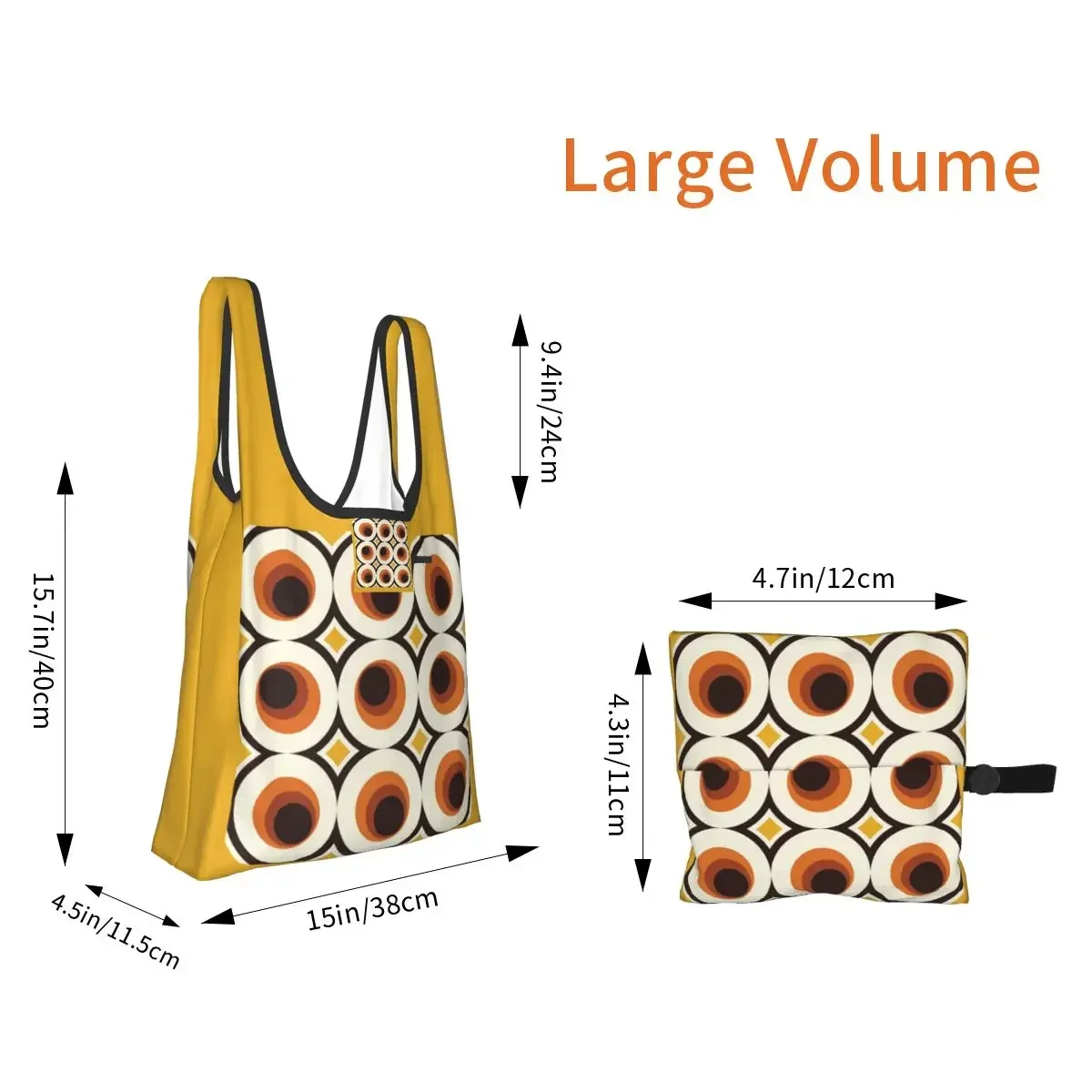 1970s Orange Mid-Century Modern Circle 1 Shopping Bag Portable Tote Bags Foldable Shoulder Shopper Bag Groceries Handbag