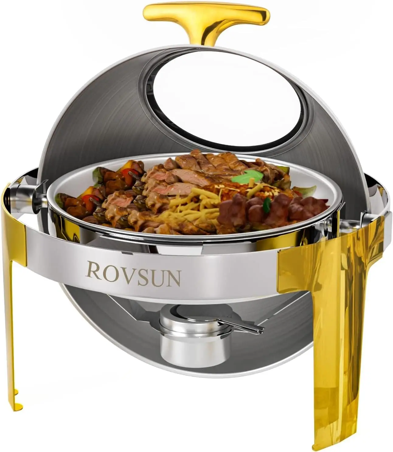 

ROVSUN 6QT Круглая жаровня для шведского стола с золотым акцентом, чафер из нержавеющей стали с рулонной крышкой для общественного питания, подогреватель еды со стеклянной винтовкой