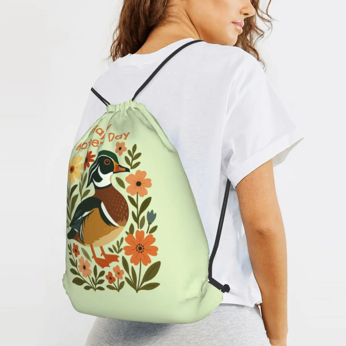 Mid Century Modern Wood Duck Backpacks Portable Drawstring Bags Sundries Bag Book Bags for Travel Students