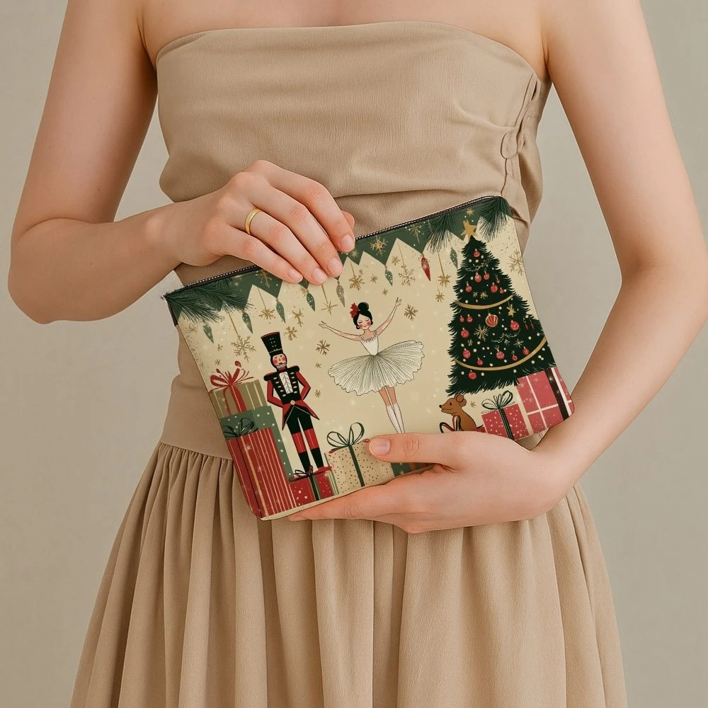 1pc Christmas Nutcracker and Christmas Tree Makeup Bag – Lightweight Travel Organizer for Women with Zipper Closure