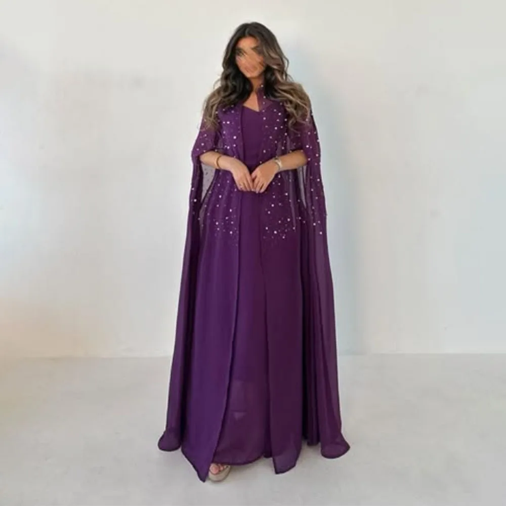 

High Quality Customized Floor Length Strapless Cap Sleeve Beaded Purple Women Vestidos Para Bodas Mujer Invitada Robes De Soirée