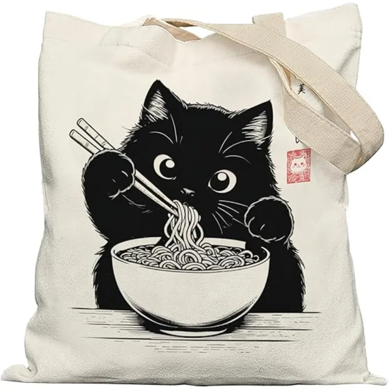 Bolso de hombro de gato negro de dibujos animados, bolso de hombro divertido de gato de Sushi y fideos, bolso de compras diario para mujer, bolso de mano plegable portátil