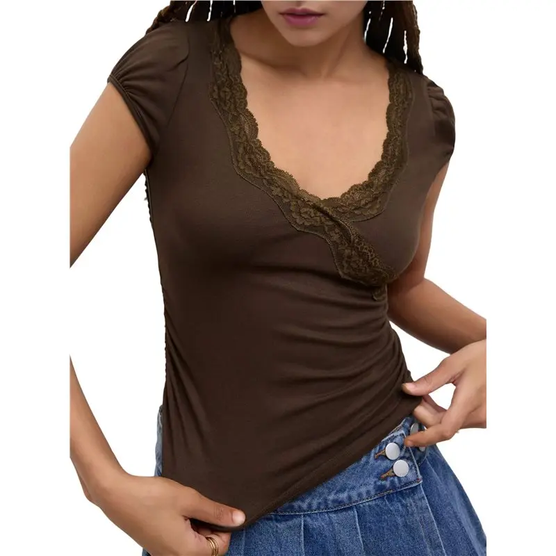 

AEF6-Lace Tops For Women V Neck Slim Fit Ruched Short Sleeve Elegant Solid Basic Tops