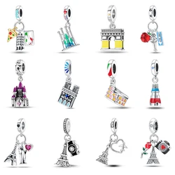 Real 925 Sterling Silver Famous Scenic Spot Eiffel Tower Castle Charms Beads Fit Pandach 925 Original Bracelets DIY Jewelry Gift
