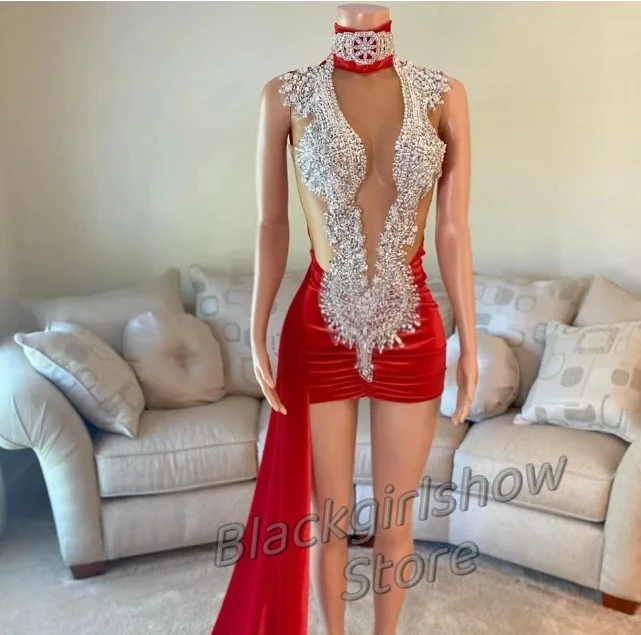 Red Africa Prom Dress Sexy Elegant Sleeveless Cutout Crystal Applique High Neck Deep v   With Side Train Party Customised