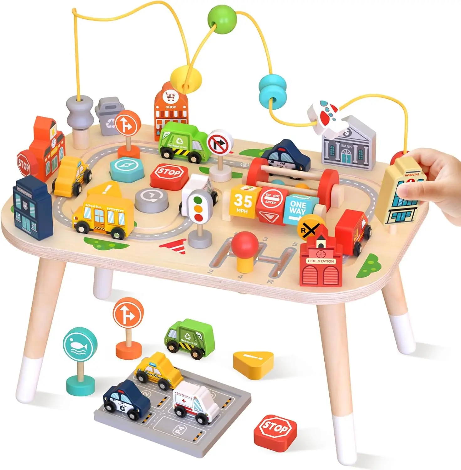 

Montessori Activity Table for Toddlers, Baby Busy Table with Bead Maze, Shape Sorter, Cars & Road Signs, Traffic Learning Toy, Sensory Gift for 1+ Year Old