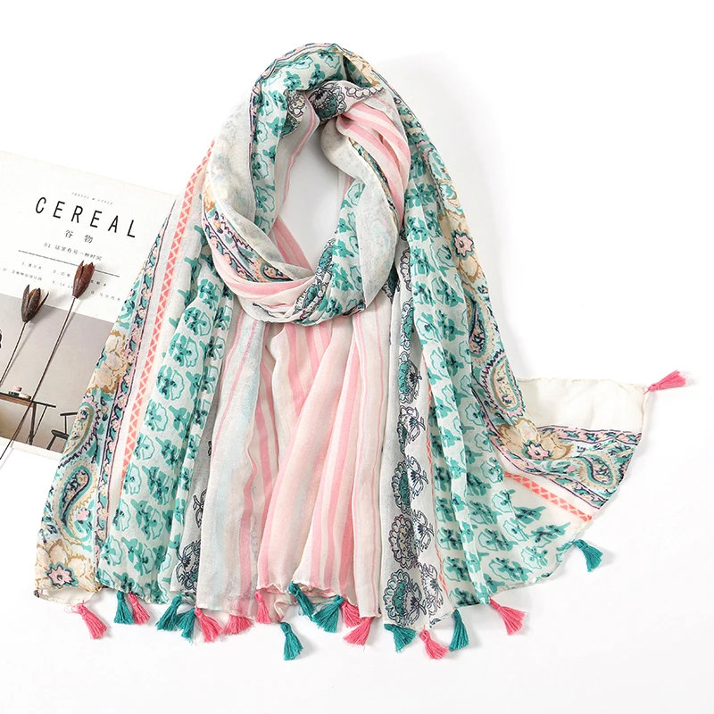 New Floral Tassel Viscose Shawl Scarf For Women Print Hijab Lady High Quality Wrap Pashmina Stole Bufandas Muslim Hijab Foulard