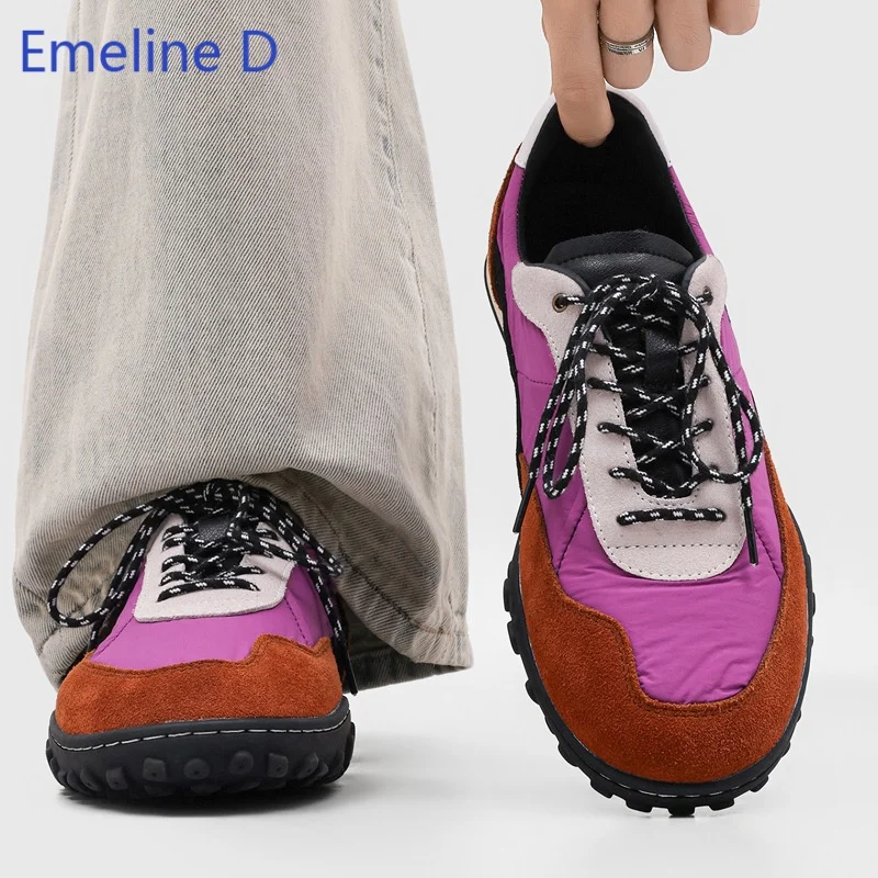 Male Lace Up Casual Sneakers Contrast Color Suede Classic Rounded Toe Dual Tone Braided Shoelaces Flat Sole Daily Footwear