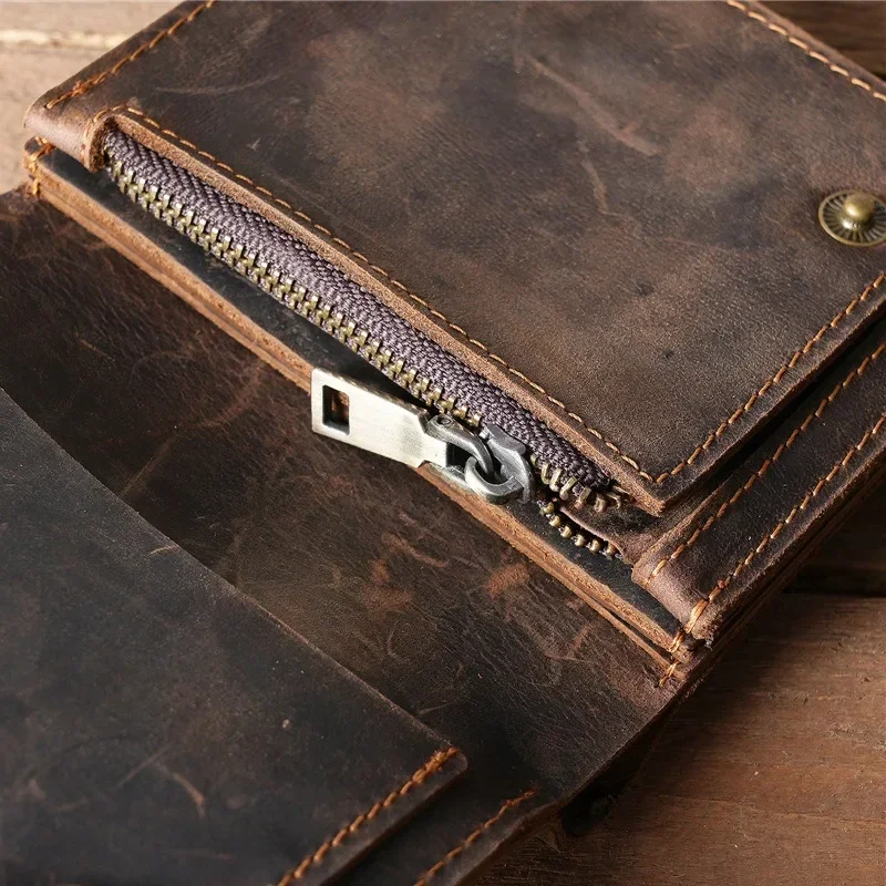 100% Genuine Leather Wallet for Men Male Brand Vintage Handmade Short Small Men\'s Purse Card Holder with Zipper Coin Pocket Bag