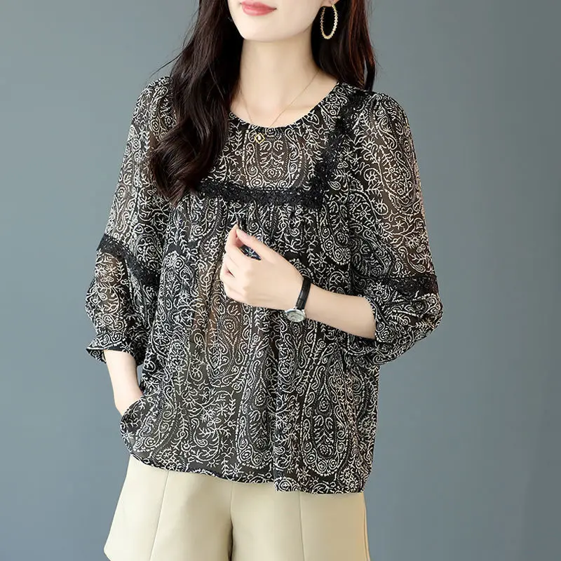 Elegant Fashion Korean Chiffon Shirts Women Loose O Neck 3/4 Sleeve Casual Blouses Vintage Printed Ladies Autumn Pullover Tops