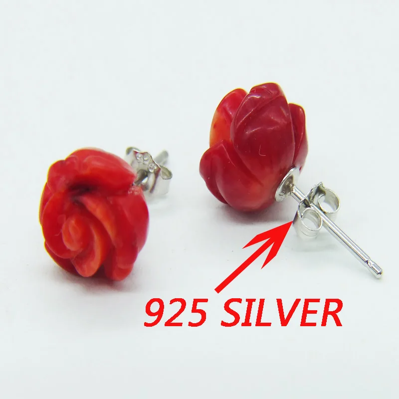 Exquisite !!  2pair Red Orange 8mm natural coral roses flower earrings