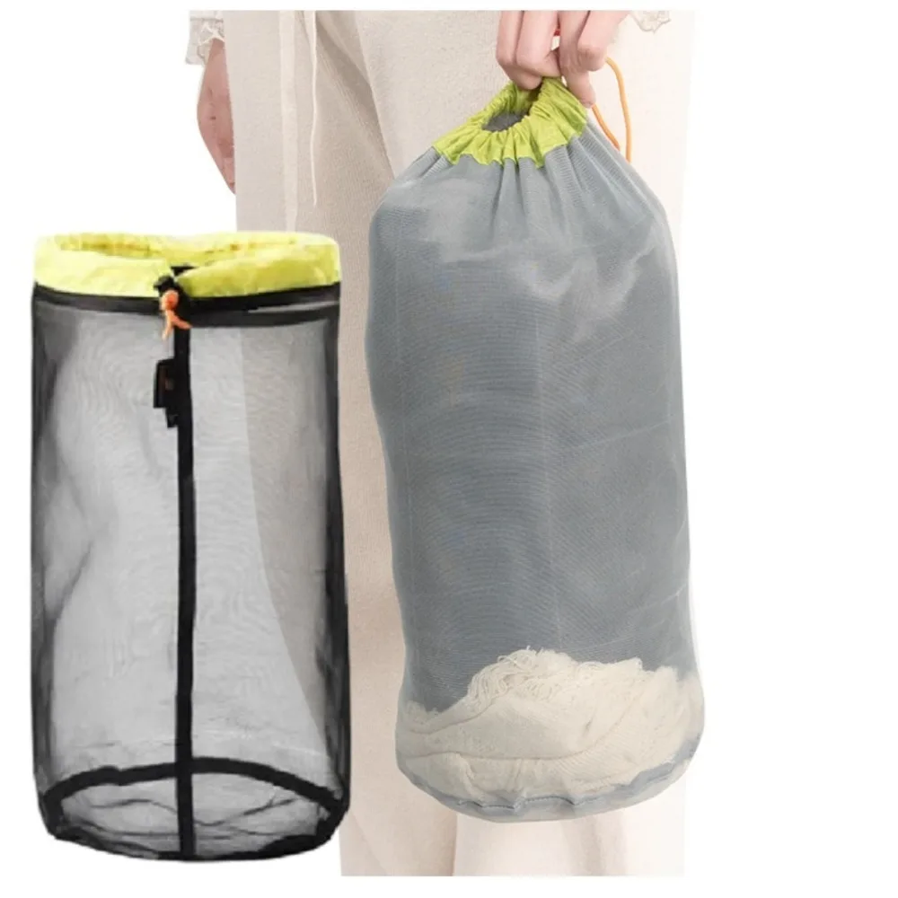 Nylon-Aufbewahrungstasche für Outdoor-Reisen mit Kordelzugverschluss, tragbare Netz-Aufbewahrungstasche, staubdicht, platzsparend, Camping-Tragetasche