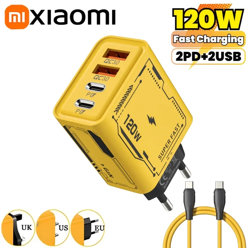 Xiaomi 120W 4-Ports Ultra Fast Charging Type-C GaN Phone Charger USB-C QC 3.0 Super Charge Mech-Wind Adapter For Iphone Samsung