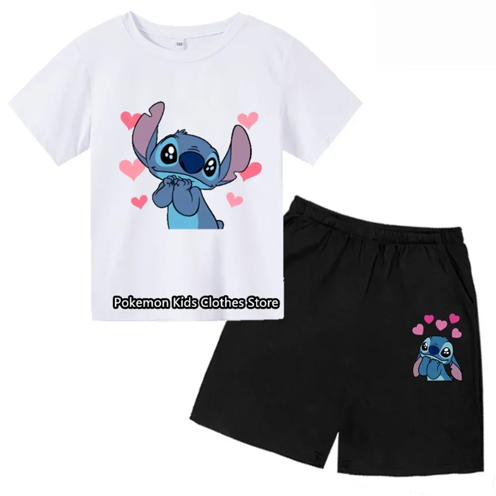 Fashion Stitch Children's baby Two-piece T-shirt set boy Round Neck Casual Short Sleeve Girl Short sleeve shorts