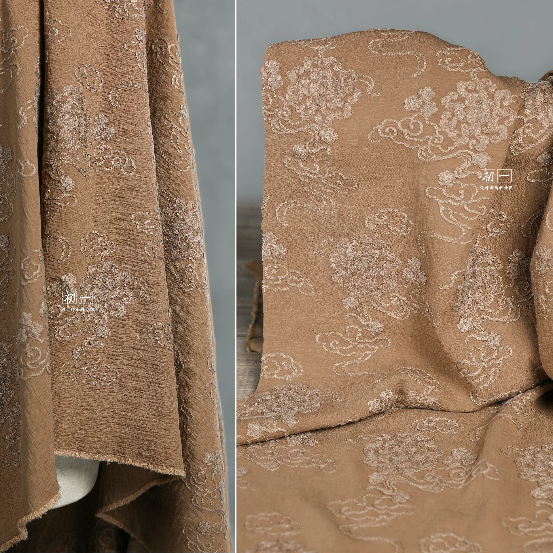 Brown Xiangyun Linear Embroidery Rayon Fabric Chinese Style Traditional Three-Dimensional Texture Shirt Skirt Clothing Design