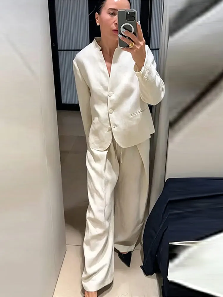 Leinen V-Ausschnitt Anzugjacke Gerade Hose Anzüge Damen Elegant Langarm Einreihiger Loser Blazer Oberteil Plissierte Hosen Outfits – Detail 10