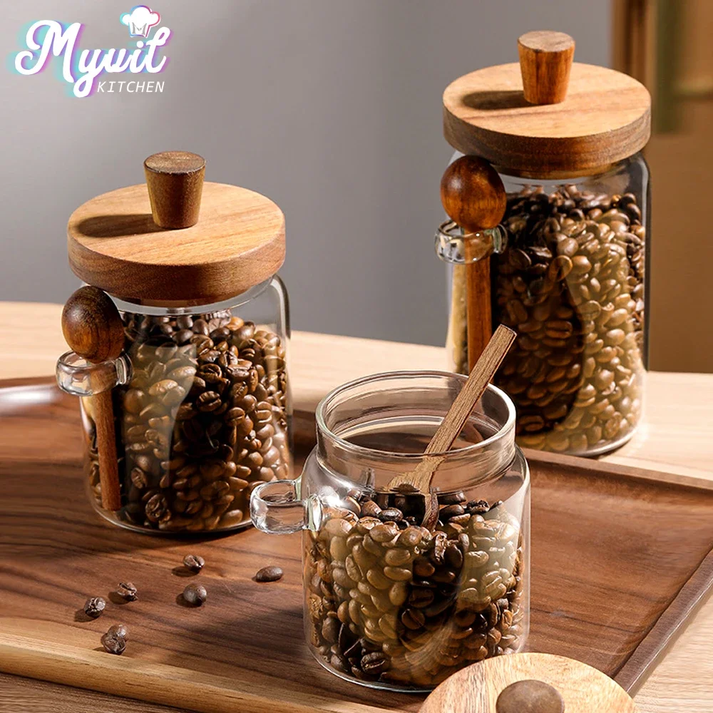 Glass Storage Jar 3-Piece Set Airtight Moisture-Proof Coffee Bean Container Kitchen Spice Storage Includes Wooden Lid and Scoop