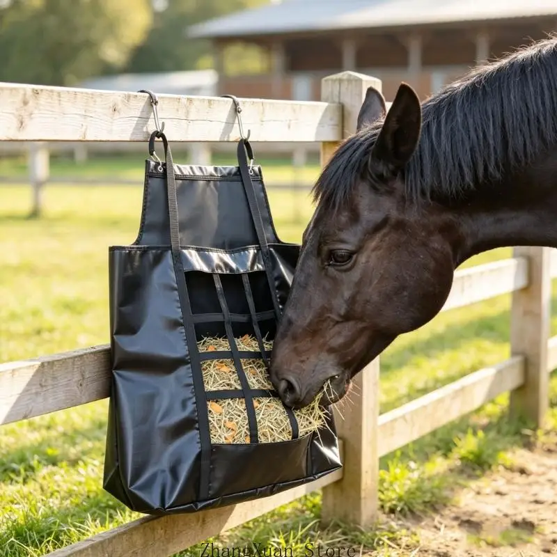 Hängende Pferdefuttertasche mit Frontöffnung, schwarze Tasche für Pferde, 23,6 x 28,0 Zoll Futteraufbewahrungstasche für Stall – Detail 7