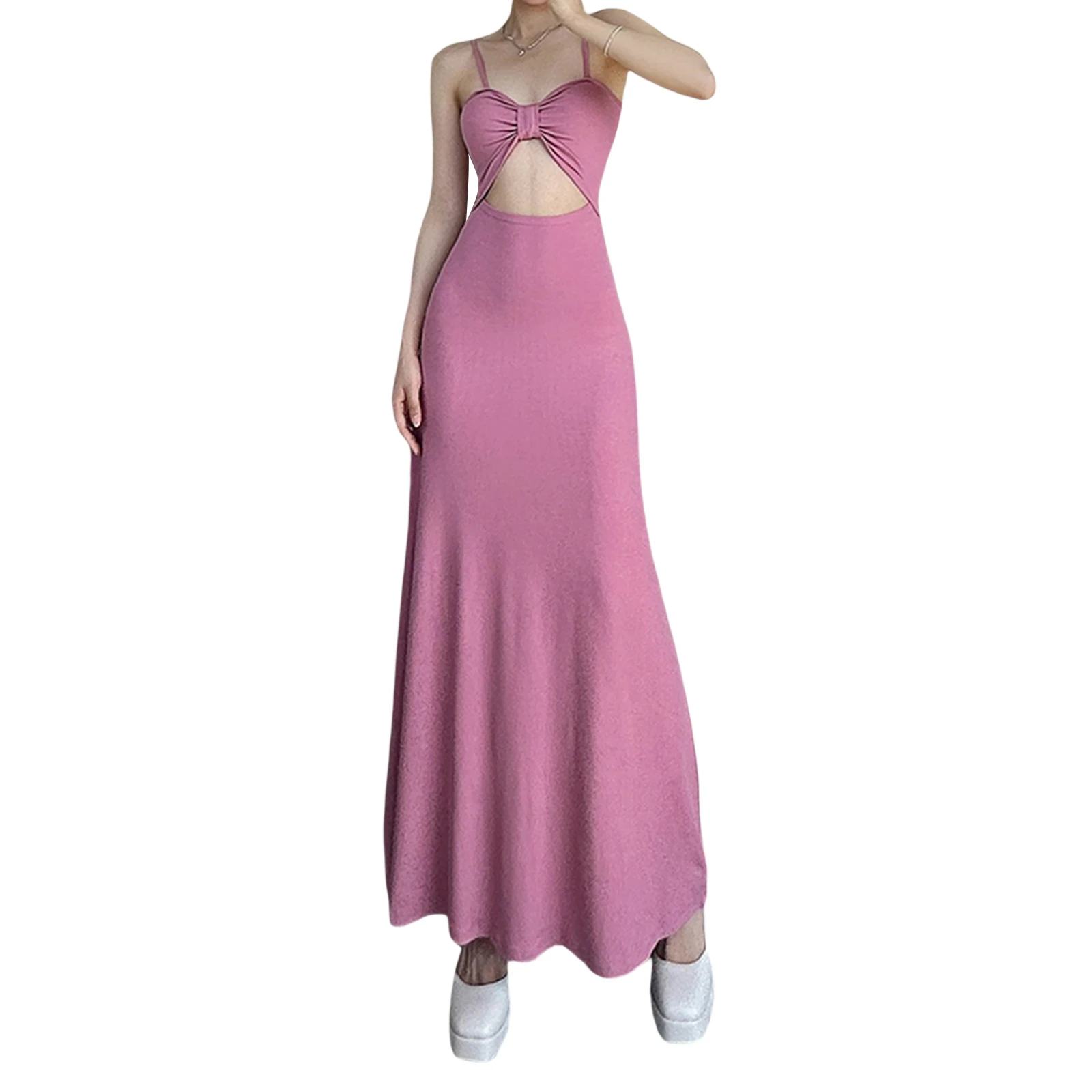 Women's Sling Bodycon A-Line Long Dress Summer Spaghetti Straps Hollowed Solid Color Swing Long Dress for Party