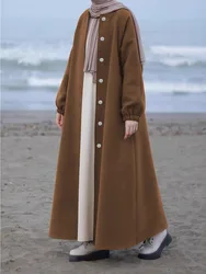 Eid Muslim Women Long Coat Cardigan Abaya Single Breasted Ramadan Morocco Autumn Winter Overcoat Maxi Dubai Islam Arab Outerwear