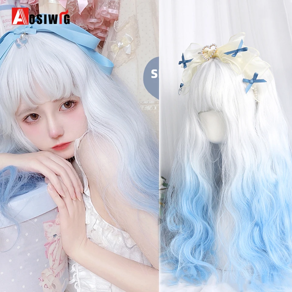 AOSI Synthetic Long Curly Ombre White gradient blue Lolita Wig Hair With Bangs Cosplay Party Halloween Harajuku Wig