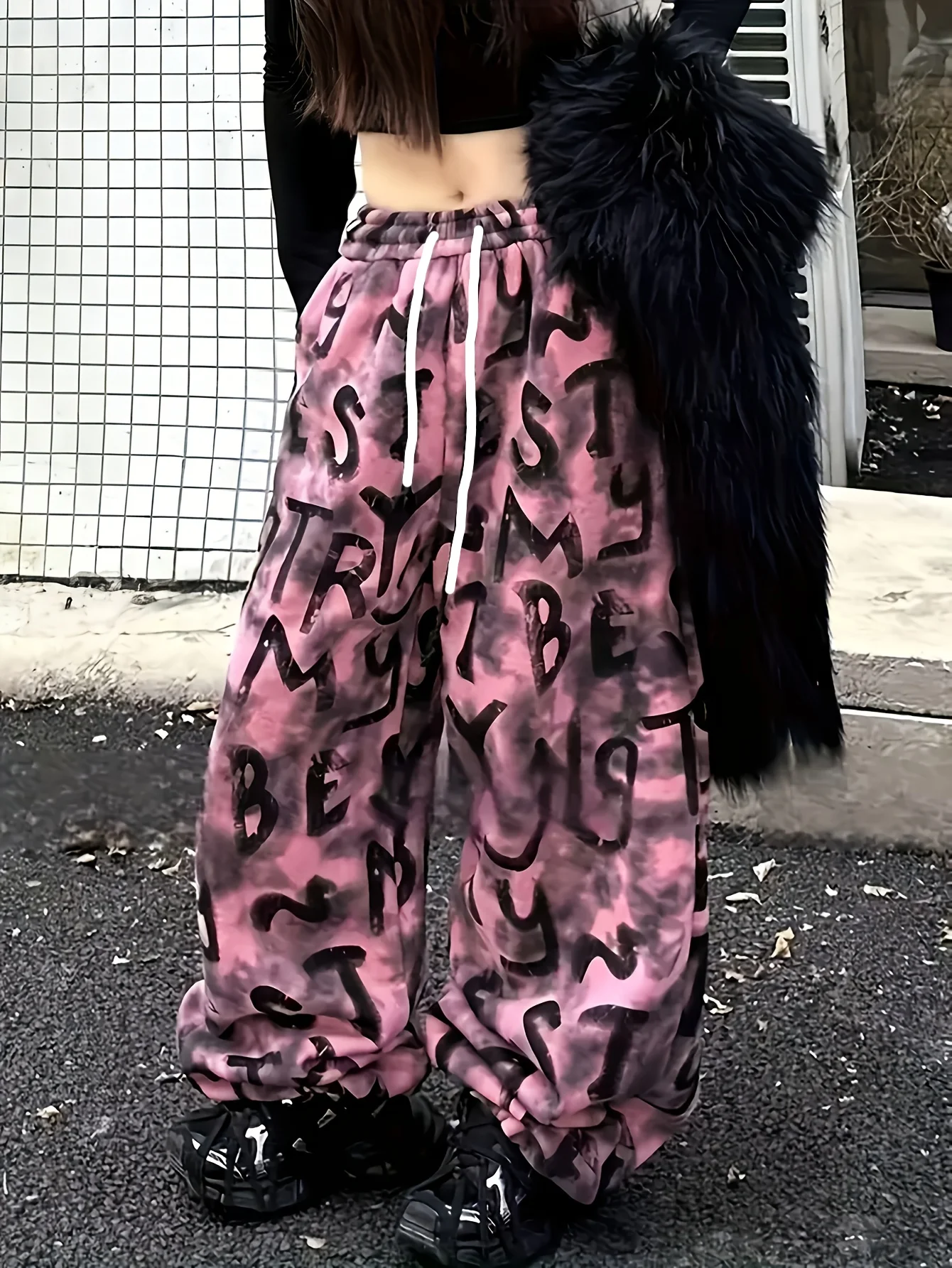 Women Casual Loose Trousers Pink Black Mixed Color All Over Letter Print Elastic Waist Street Fashion Daily Wear Pants Kids