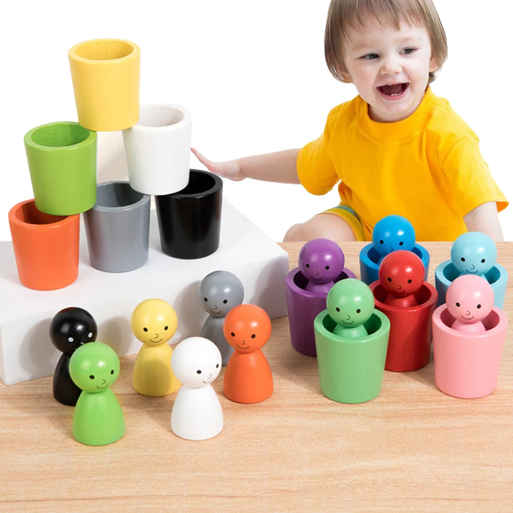 12Pcs Wooden Color Classification Cups Interactive Dolls in Cups Stackable Color Matching Toy for Intelligence Development