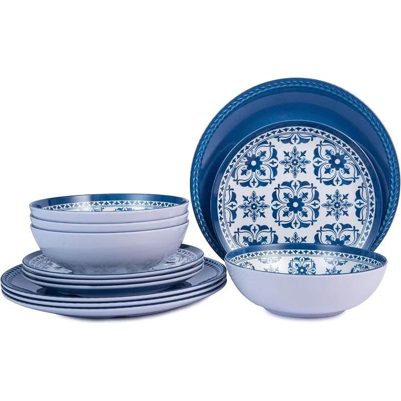 Melamine Dinnerware Set -12pcs Outdoor and Indoor Plates and Bowls Set ,Service for 4, Dishwasher Safe, Blue Flower