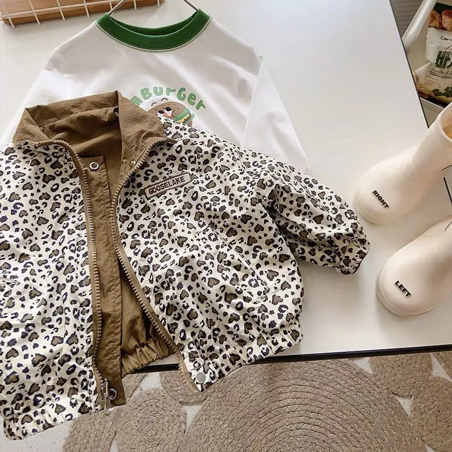 Children\'s  Autumn New Coat Double sided Leopard Print Jacket for Boys and Girls Loose Top Children\'s Clothing Fashion