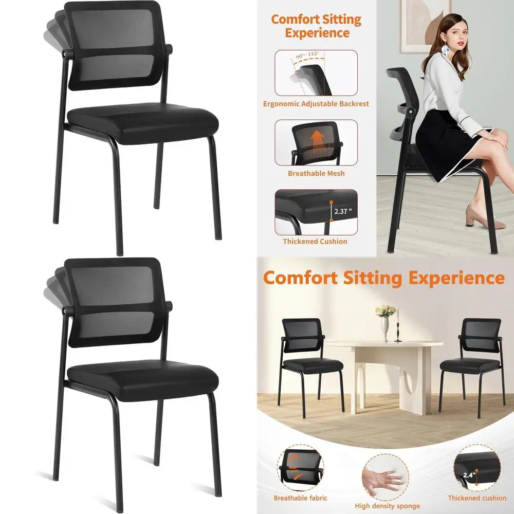 

Adjustable Mesh Backrest Stackable Office Chair, Armless Leather Cushion Guest Chair with Lumbar Support for Waiting Areas, Blac