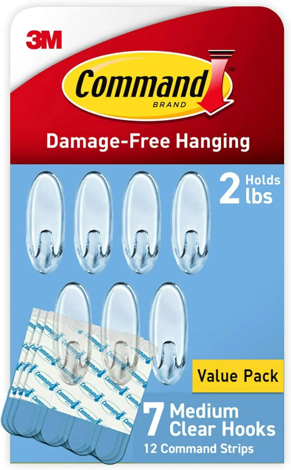 

Clear Wall Hooks Set: 7 Hooks + 12 Strips, Damage-Free, Holds 2 lb